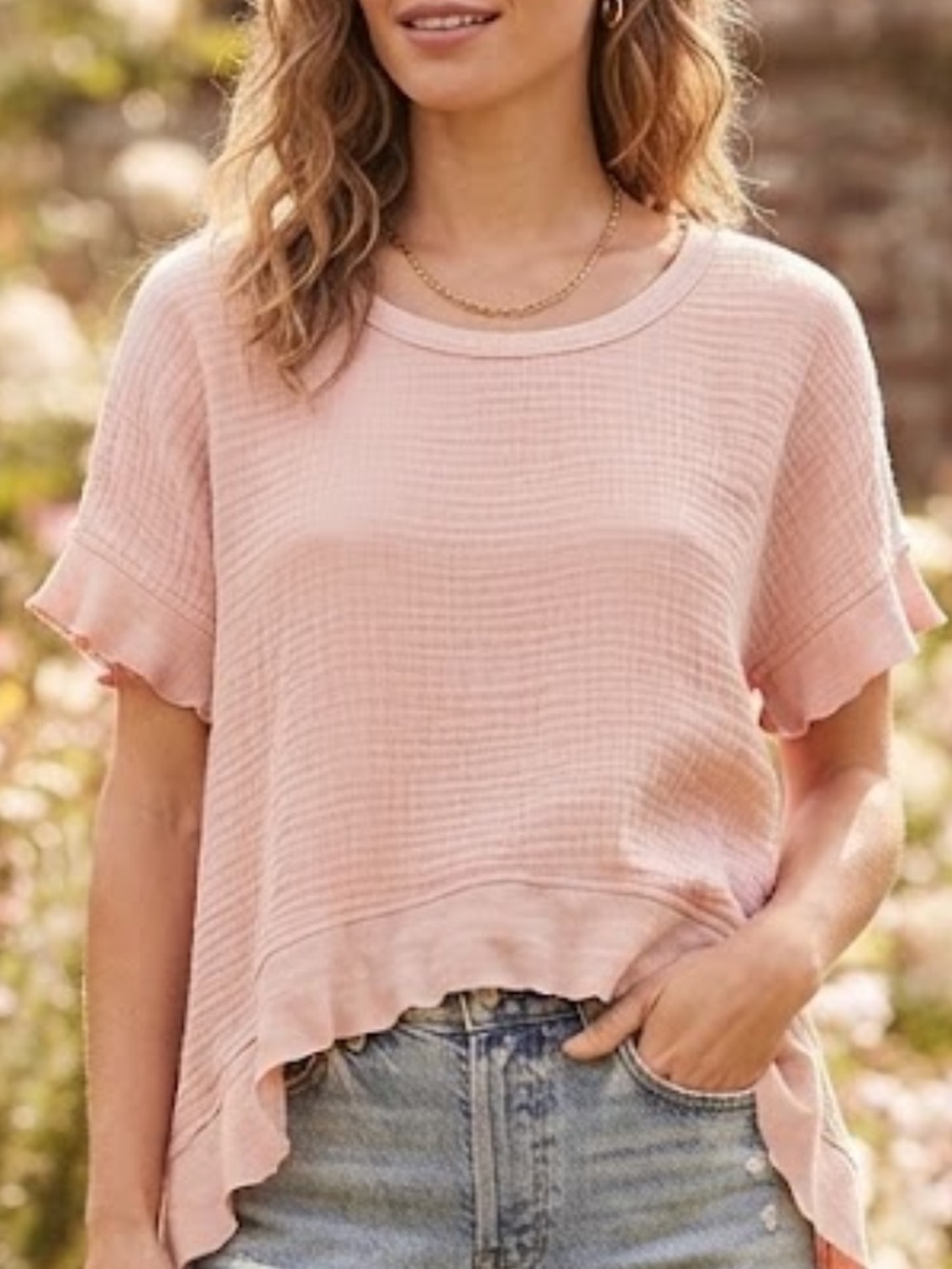 Wilt Blush Pink Waffle Ruffle Short Sleeve Tee